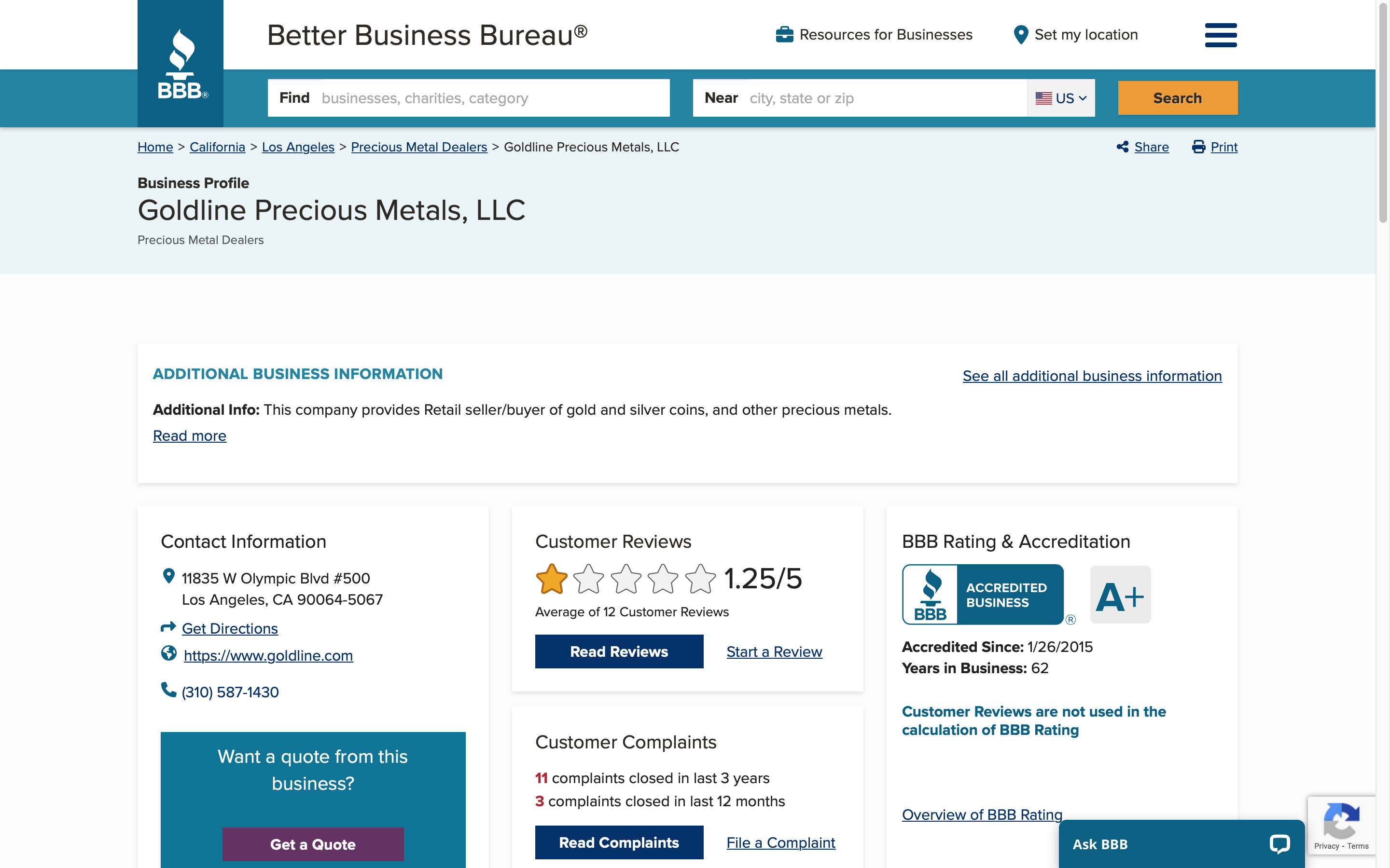 Goldline Precious Metals BBB Rating (Updated for September 2022)
