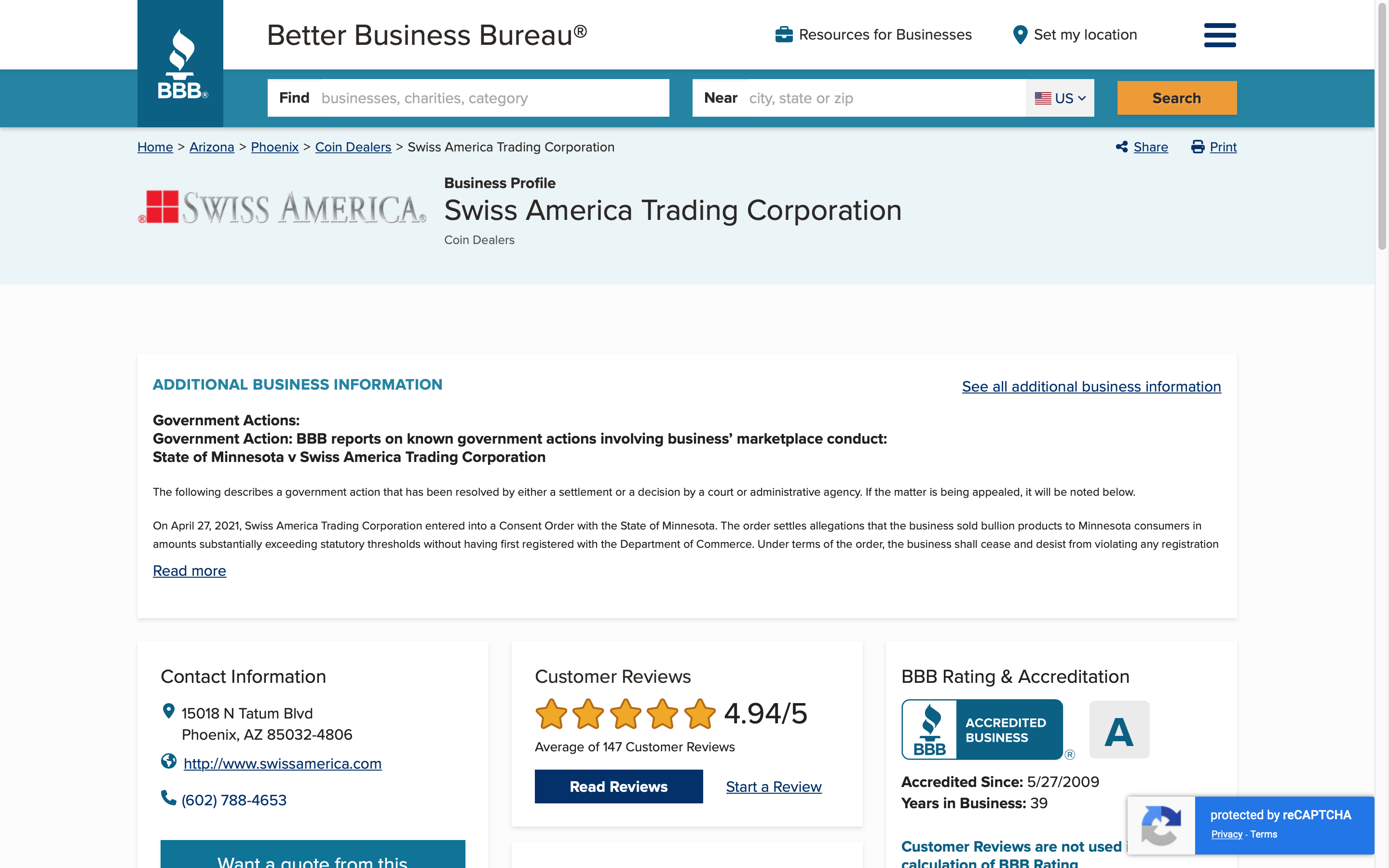 Swiss America Trading Corporation BBB Rating October 2022