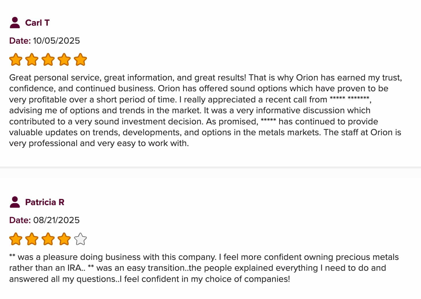 orion metals exchange gold ira compnies bbb reviews